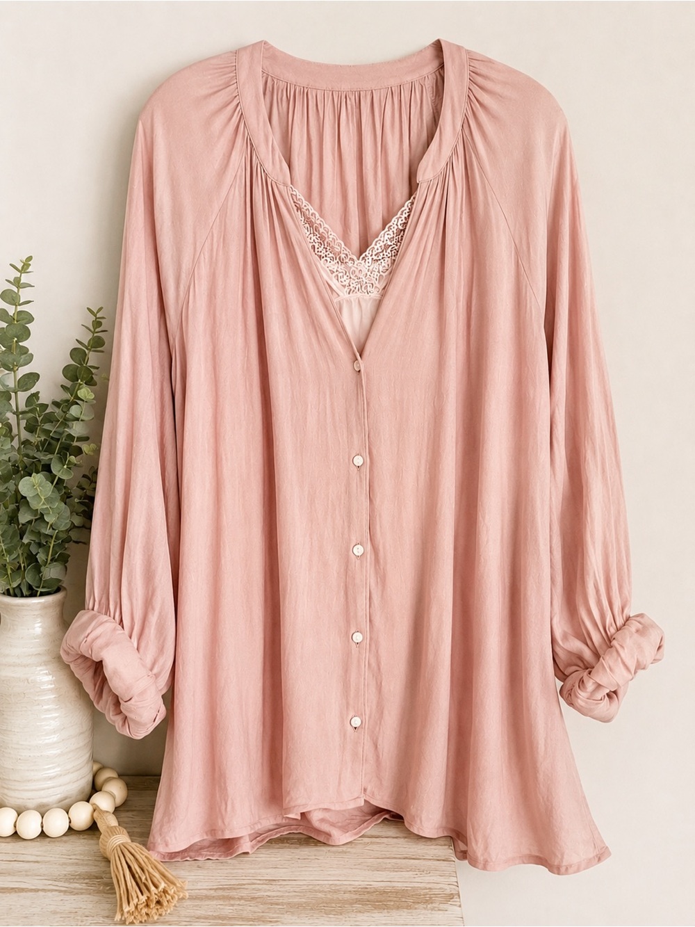 Old Navy XXL Blush Pink Crinkle Peasant Blouse Long Sleeve Button Front Size 2XL